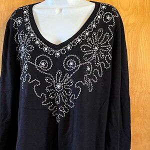 ONCE AGAIN women's black l/s sweater with embroidery and beads - 2X